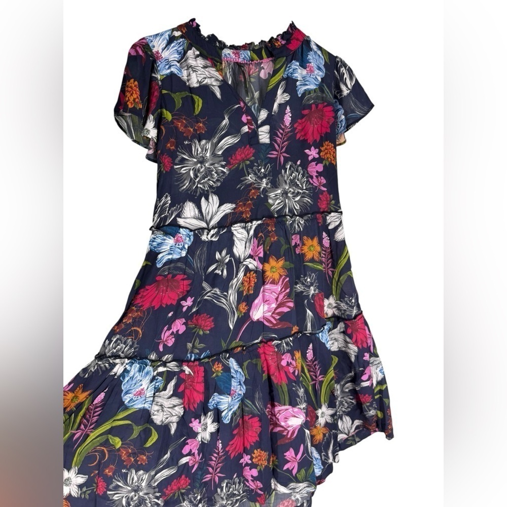 Anthropologie blue floral pullover easy flowy dress size XS